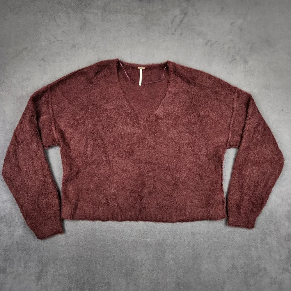 Free People Princess V Sweater Womens Medium Burgundy‎ Fuzzy Oversized Pullover